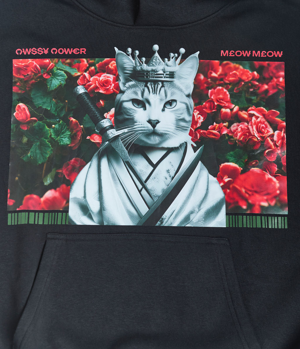 black Hoodie front view close up — Cat Dat Oversized Streetwear Hoodie | Monarch Mode Central